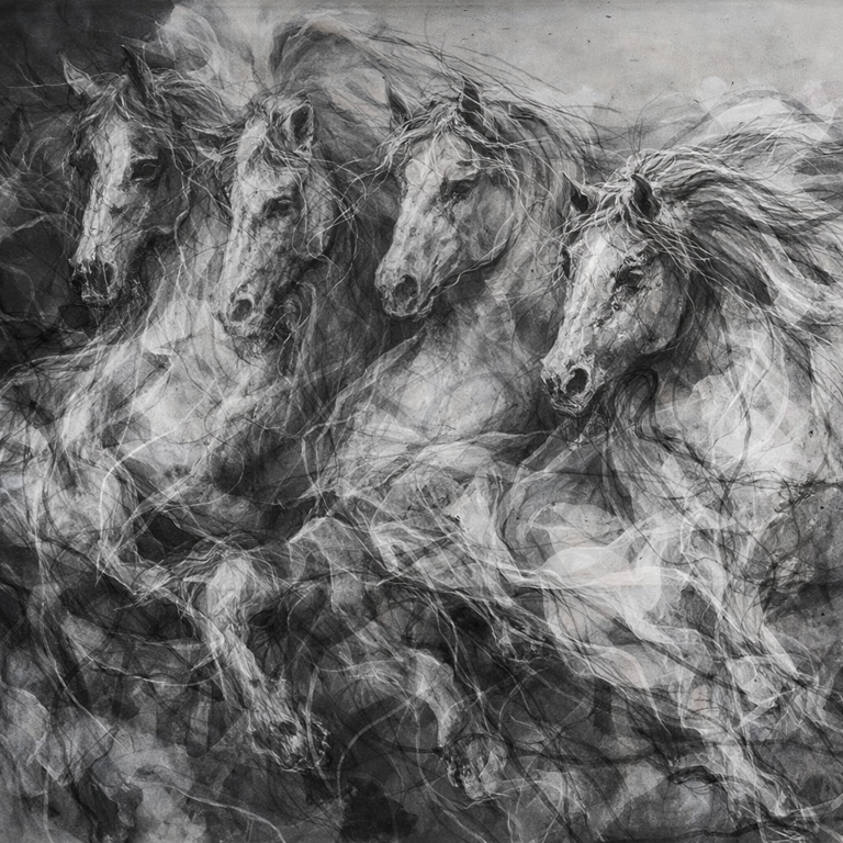 Abstract horses in grayscale harmony